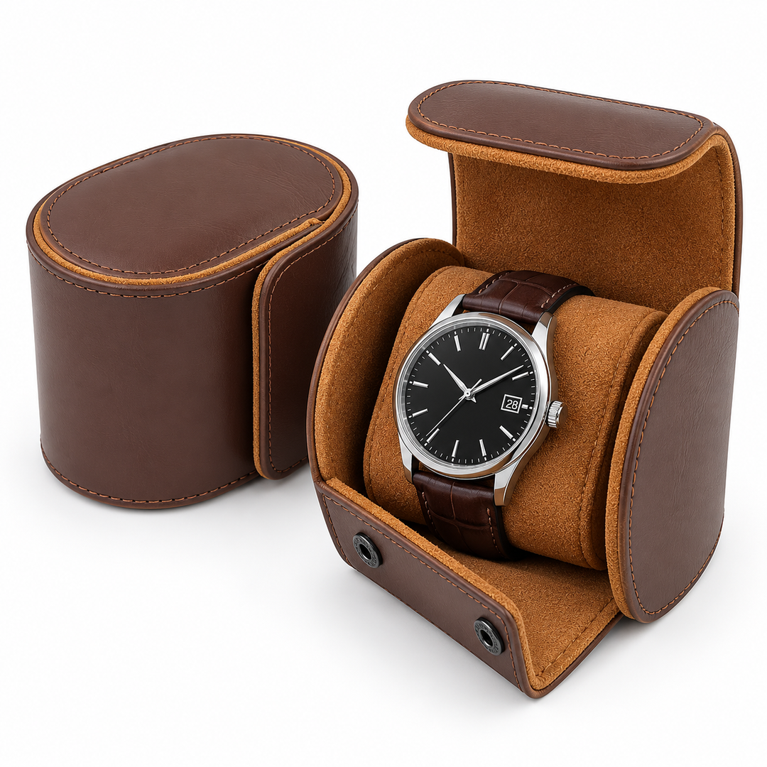 Compact Leather Travel Watch Roll Case with Snap Closure Bowlift