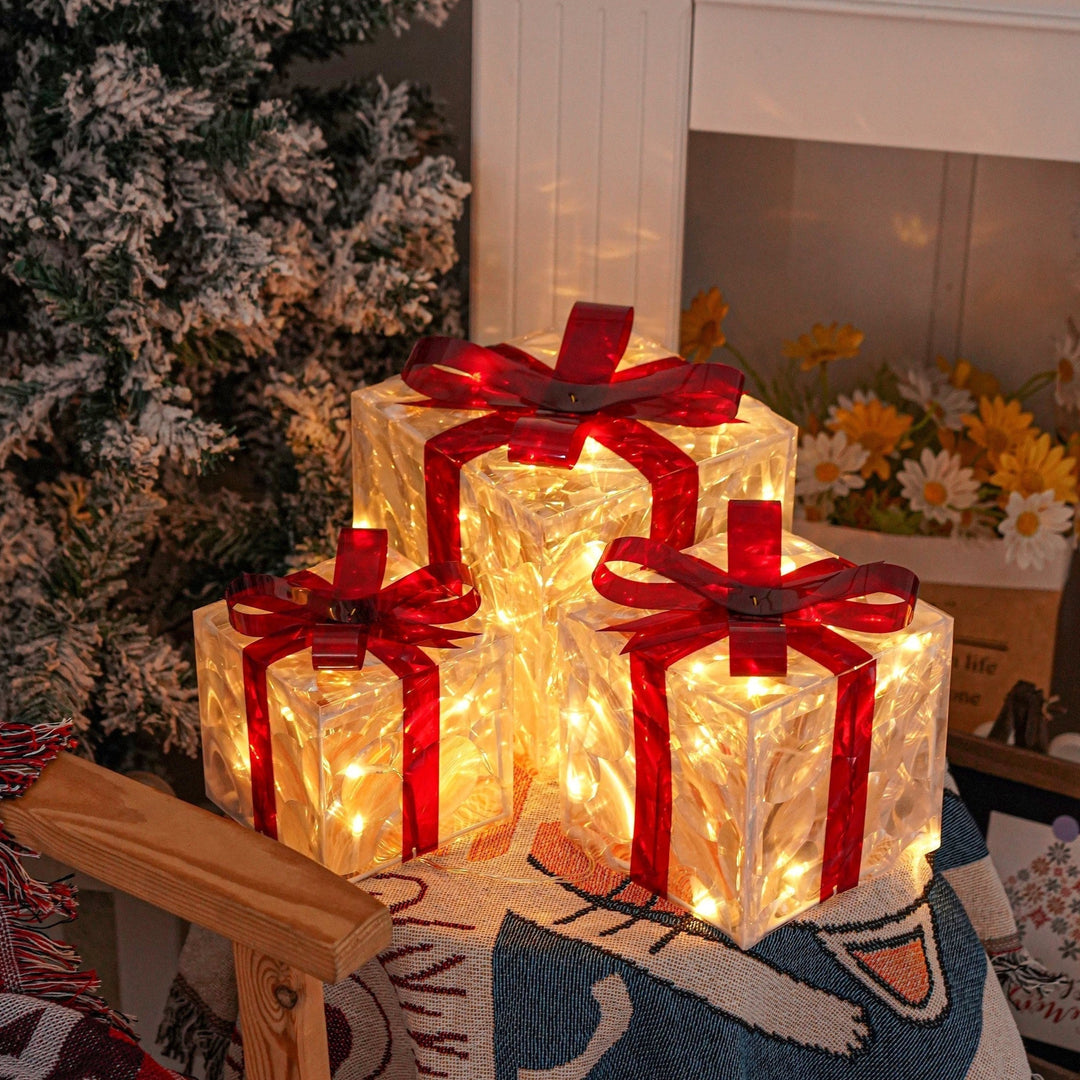 BowLift | GlowBox LED Gift Boxes – Set of 3 Illuminated Christmas Gifts for Indoor and Outdoor