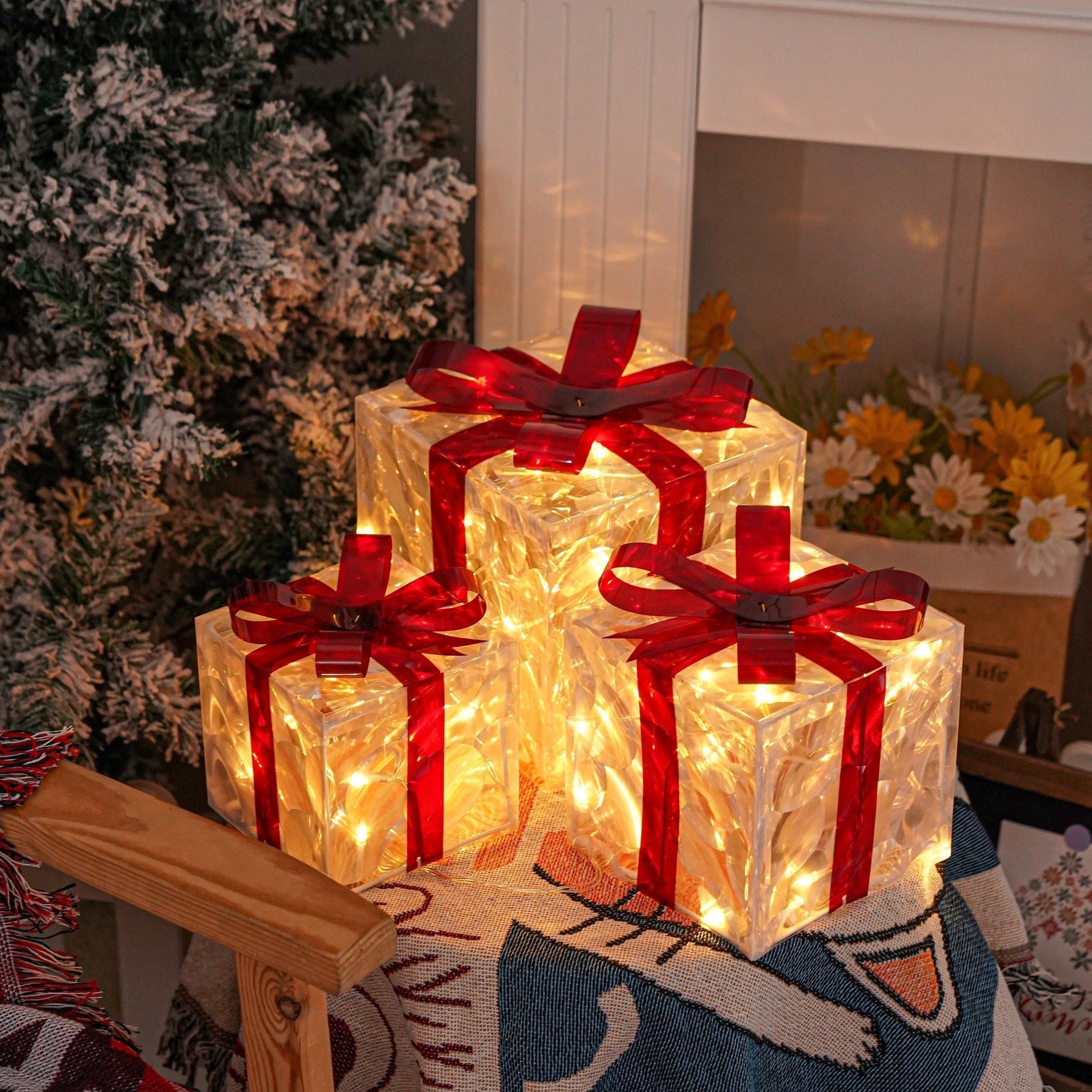 BowLift | GlowBox LED Gift Boxes – Set of 3 Illuminated Christmas Gifts for Indoor and Outdoor