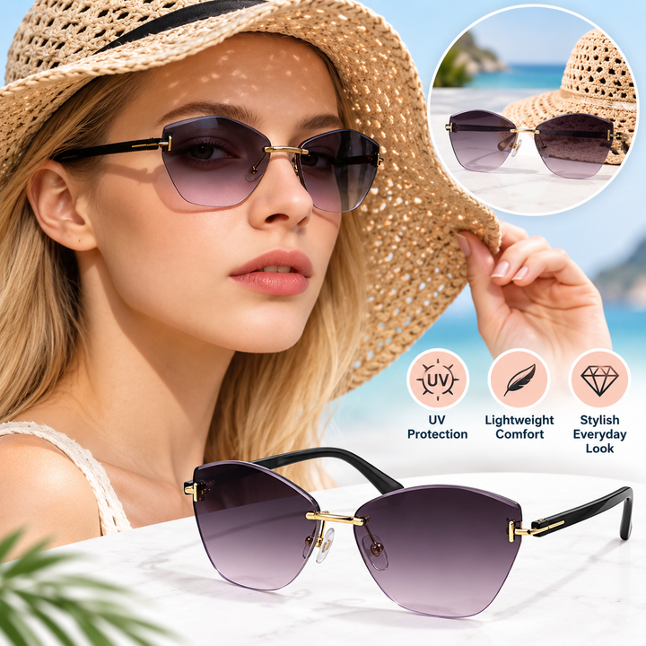 Rimless Hexagonal Gradient-Effect UV Protection Sunglasses with Adjustable Nose Pads Bowlift