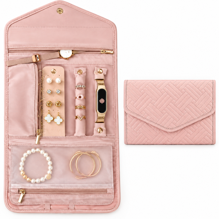Quilted Foldable Travel Jewelry Organizer Roll with Zipper Pockets Bowlift