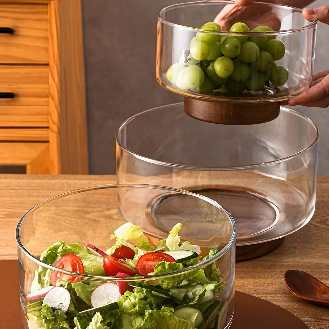 Glass bowl with wooden base – Elegant and decorative | Perfect for fruit, snacks, and salads in the kitchen | Bowlift
