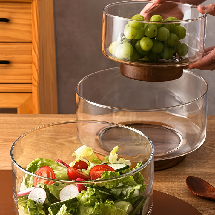 Glass bowl with wooden base – Elegant and decorative | Perfect for fruit, snacks, and salads in the kitchen | Bowlift