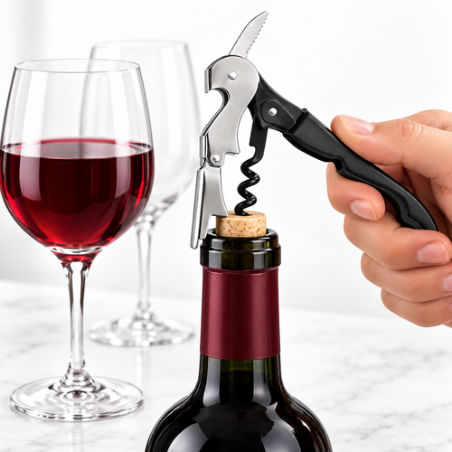 Dual-Hinge Waiter's Corkscrew with Serrated Foil Cutter and Ergonomic Handle Bowlift