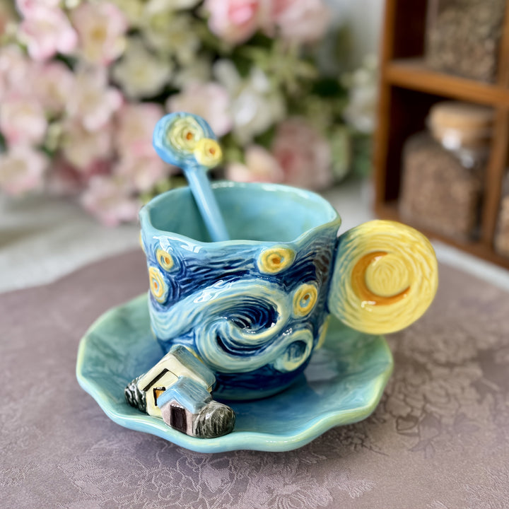 ArtSip Ceramic Cup & Saucer Set – Hand-painted 3D Design inspired by Van Gogh | Bowlift