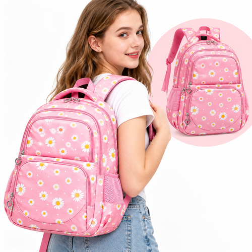Daisy Print School Backpack Set with Insulated Lunch Bag & Pencil Case Bowlift