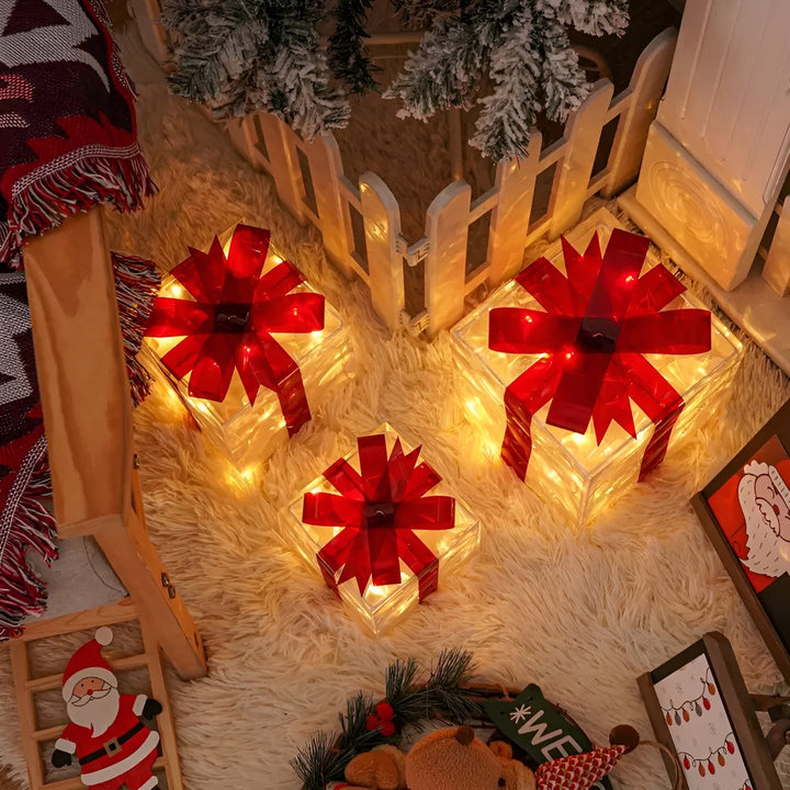 Bright gift boxes in a set of 3 – Transparent Christmas decoration with red ribbons | For indoors & outdoors | Bowlift