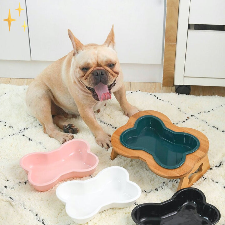 Ceramic Dog Food Bowl with Wooden Stand - BoneFeast Bowlift