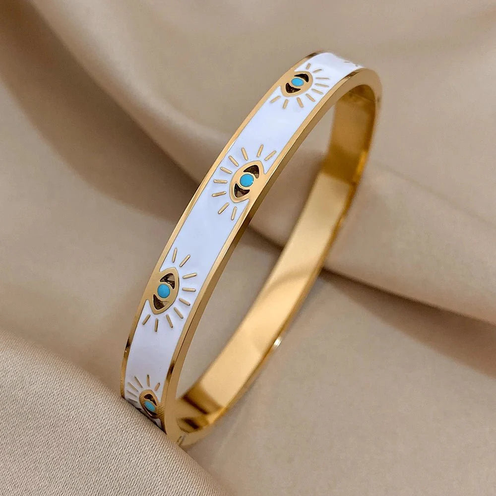 BowLift | Classy Evil Eye White Enamel Bangle Bracelet