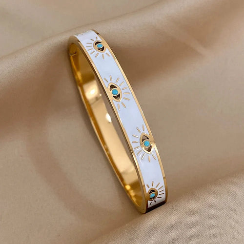 BowLift | Classy Evil Eye White Enamel Bangle Bracelet