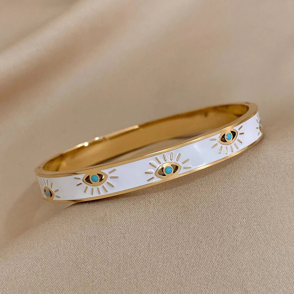 BowLift | Classy Evil Eye White Enamel Bangle Bracelet