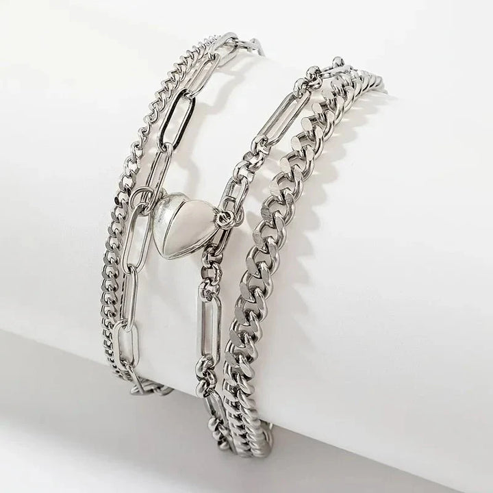 BowLift | Couples Magnetic Heart Cuban & Paperclip Chain Bracelet Set