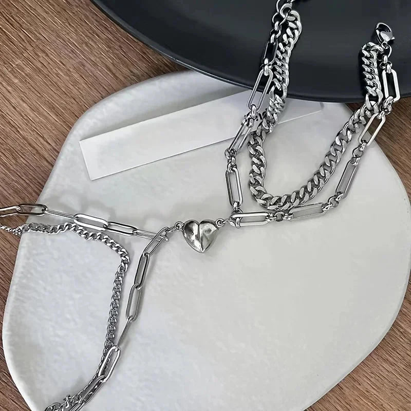 BowLift | Couples Magnetic Heart Cuban & Paperclip Chain Bracelet Set
