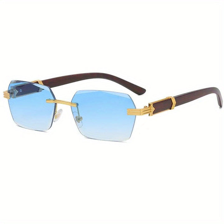 Rimless Sunglasses with Rectangular Lenses and Faux Wood Temples – Verro | Bowlift
