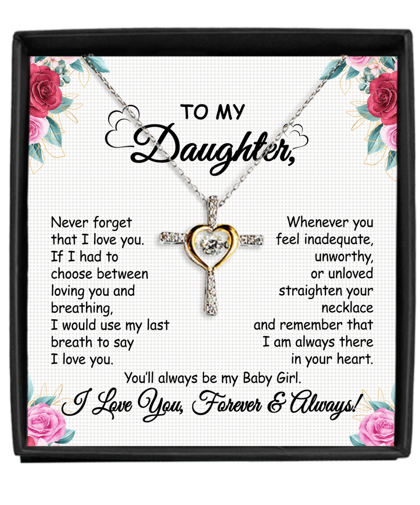BowLift | Daughter Necklace Gift | Cross Pendant with Cubic Zirconia | Silver-Plated | 16–18" Chain