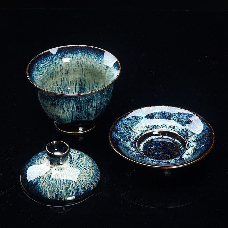 BowLift | Vintage Kiln Ceramic Gaiwan Sancai Tea Cup Tea Cup and Saucer with Lid