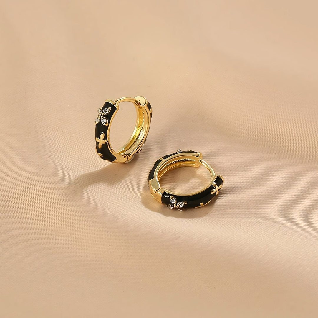 BowLift | Dainty Black and Gold Floral Hoop Earrings