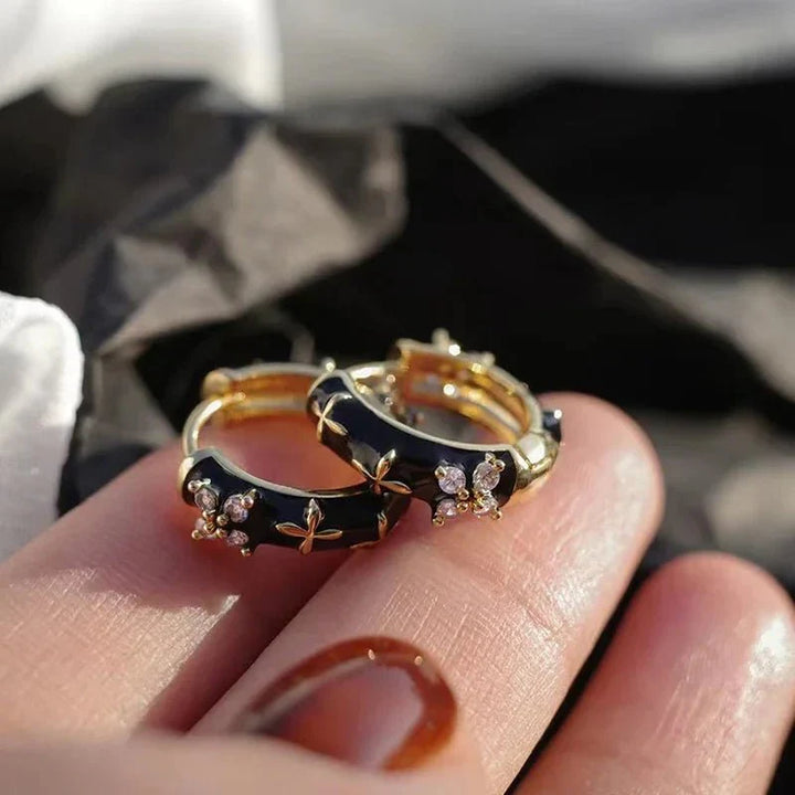 BowLift | Dainty Black and Gold Floral Hoop Earrings