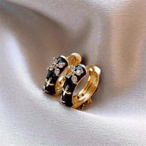 BowLift | Dainty Black and Gold Floral Hoop Earrings