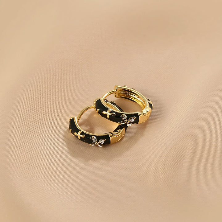 BowLift | Dainty Black and Gold Floral Hoop Earrings