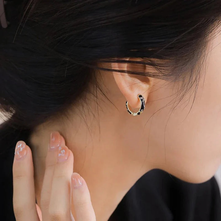 BowLift | Dainty Black and Gold Floral Hoop Earrings