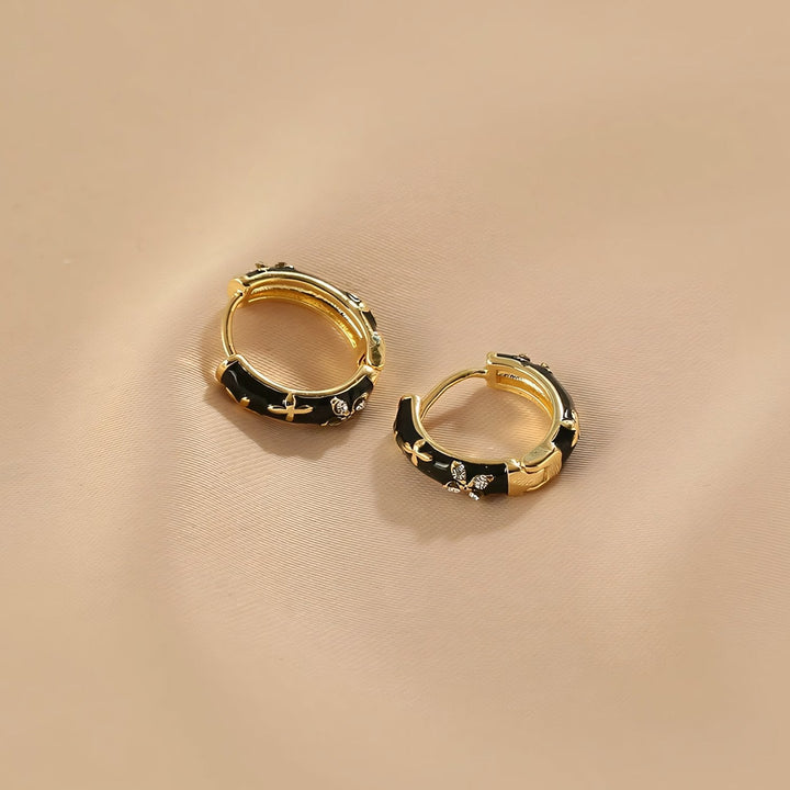 BowLift | Dainty Black and Gold Floral Hoop Earrings