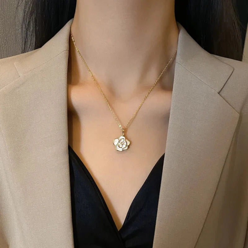 BowLift | Dainty Blanc Camellia Floral Necklace, Earrings, Ring Jewelry