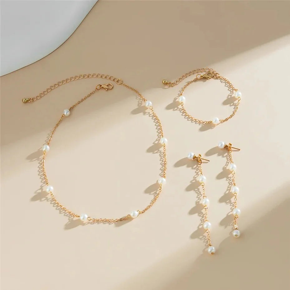 BowLift | Dainty Chain Pearl Bracelet, Necklace, and Earring Set
