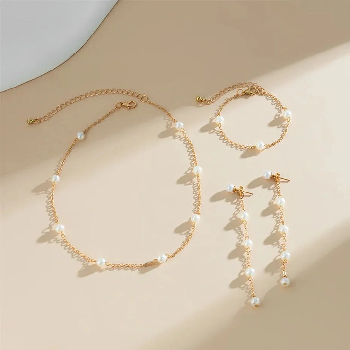 BowLift | Dainty Chain Pearl Bracelet, Necklace, and Earring Set