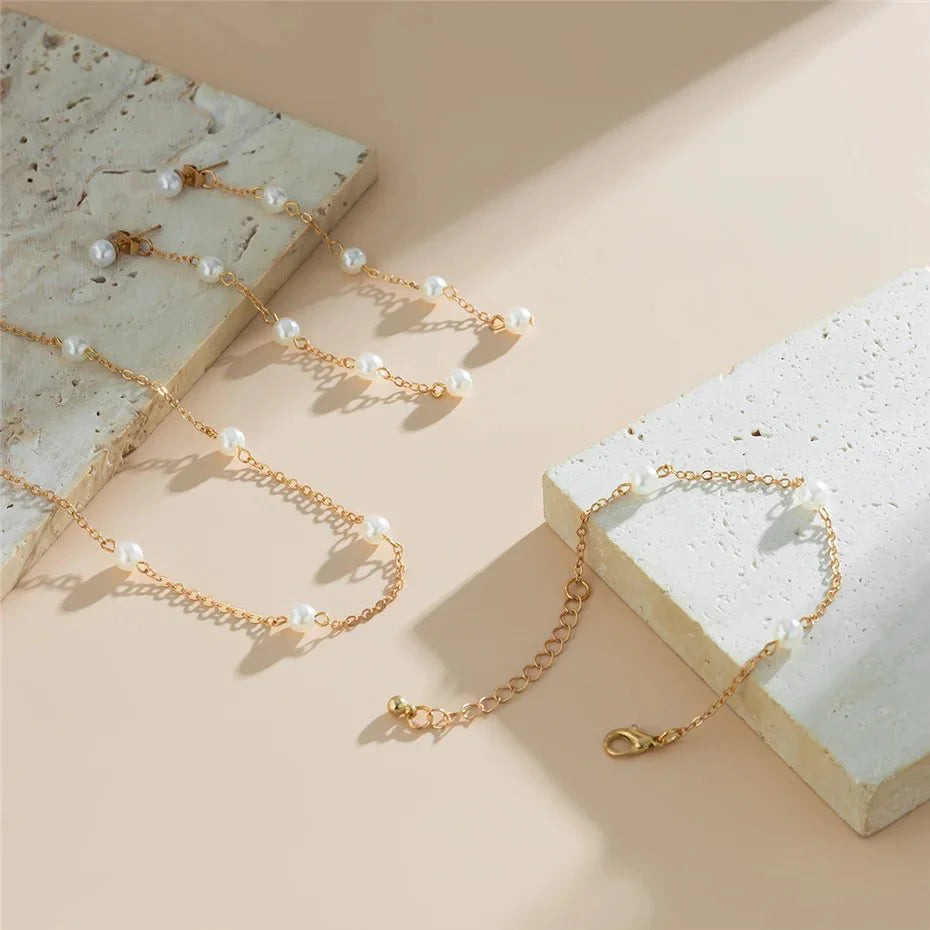 BowLift | Dainty Chain Pearl Bracelet, Necklace, and Earring Set