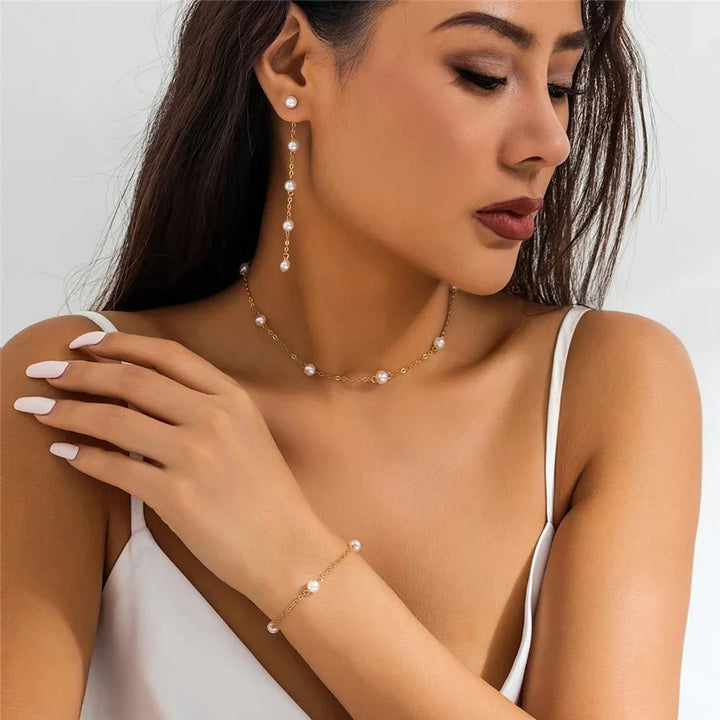 BowLift | Dainty Chain Pearl Bracelet, Necklace, and Earring Set