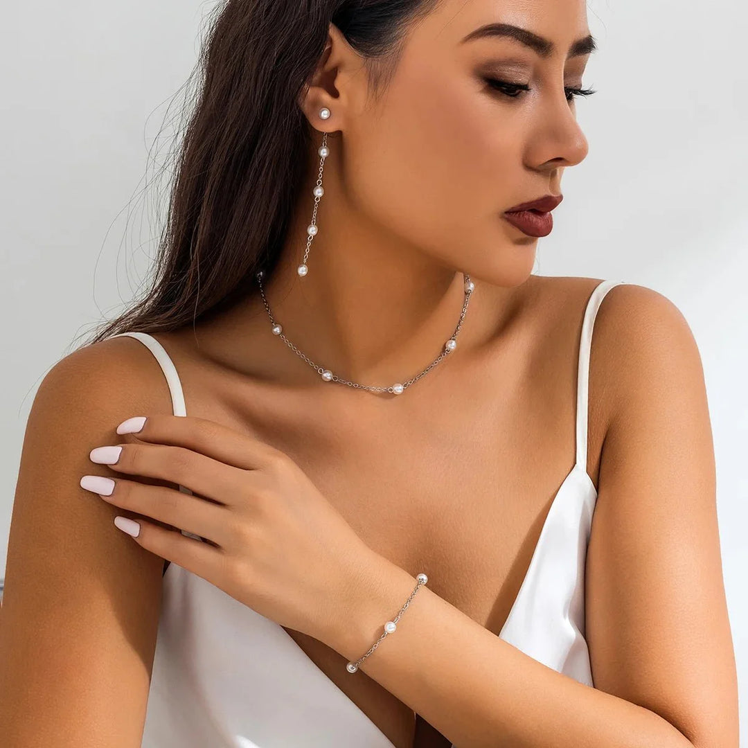 BowLift | Dainty Chain Pearl Bracelet, Necklace, and Earring Set
