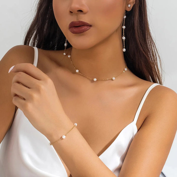 BowLift | Dainty Chain Pearl Bracelet, Necklace, and Earring Set
