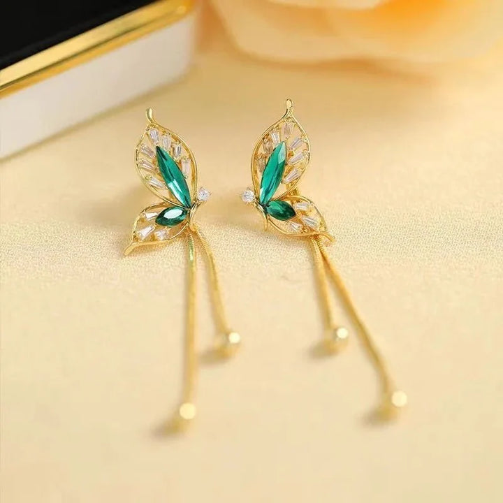 BowLift | Dainty Emerald Butterfly Dangle Earrings