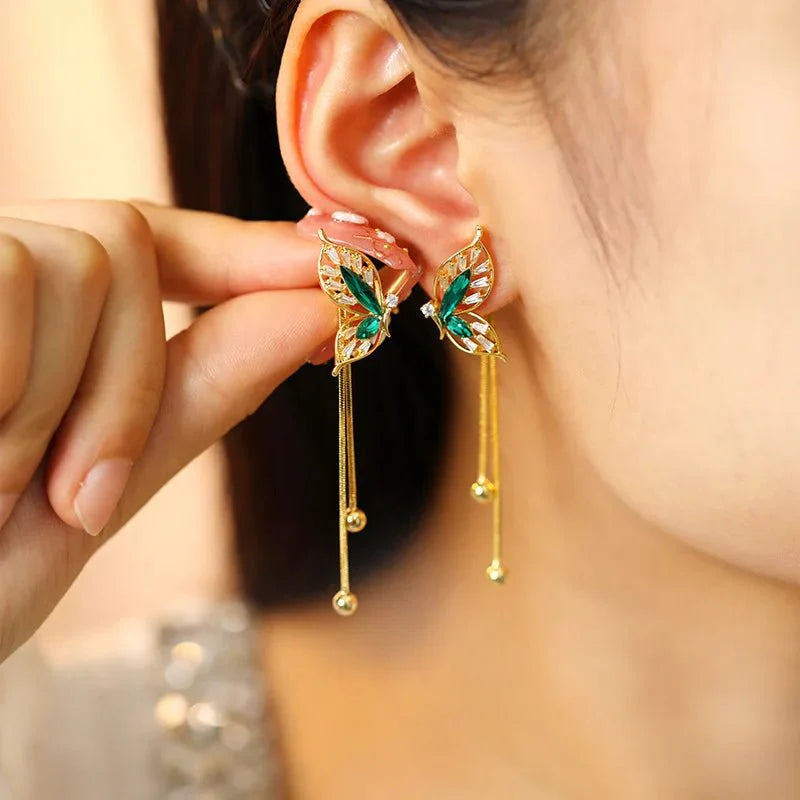 BowLift | Dainty Emerald Butterfly Dangle Earrings