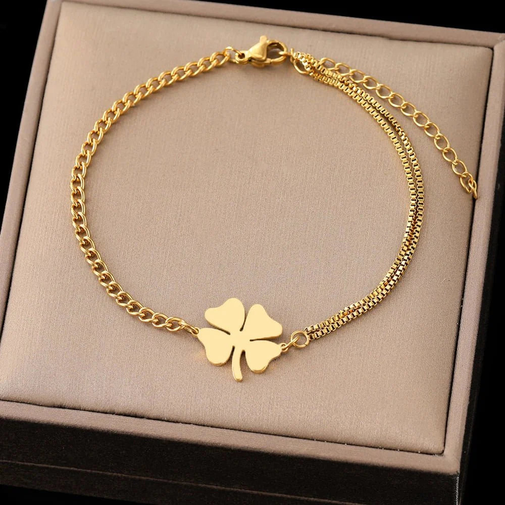BowLift | Dainty Four Leaf Clover Layered Chain Bracelet