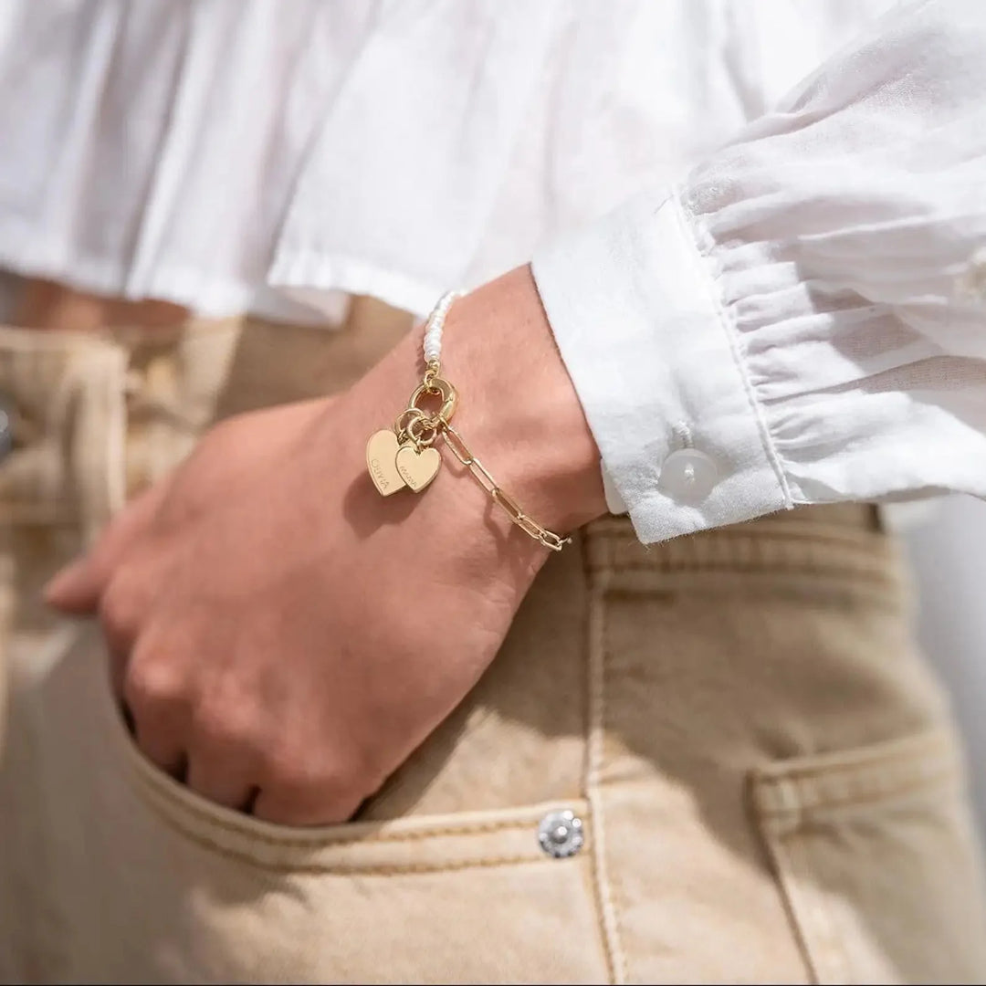 BowLift | Dainty Personalized Double Heart Pearl Paperclip Chain Bracelet