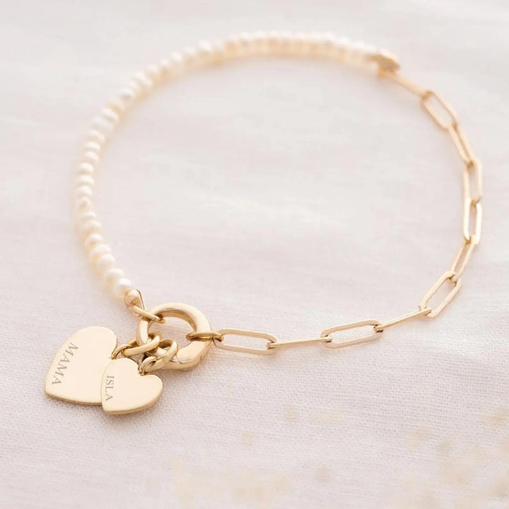 BowLift | Dainty Personalized Double Heart Pearl Paperclip Chain Bracelet