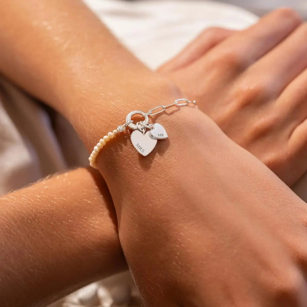 BowLift | Dainty Personalized Double Heart Pearl Paperclip Chain Bracelet