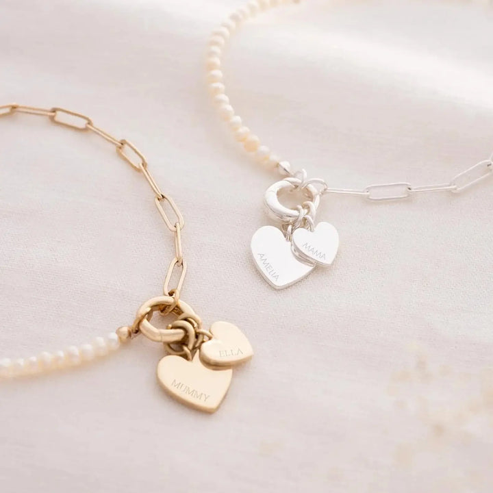 BowLift | Dainty Personalized Double Heart Pearl Paperclip Chain Bracelet