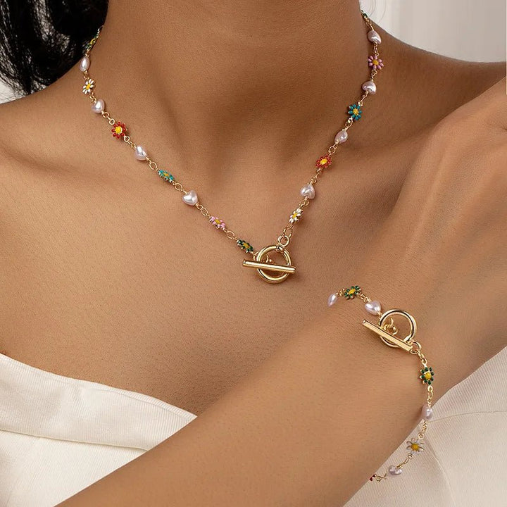 BowLift | Dainty Spring Floral Pearls Bracelet and Necklace Set