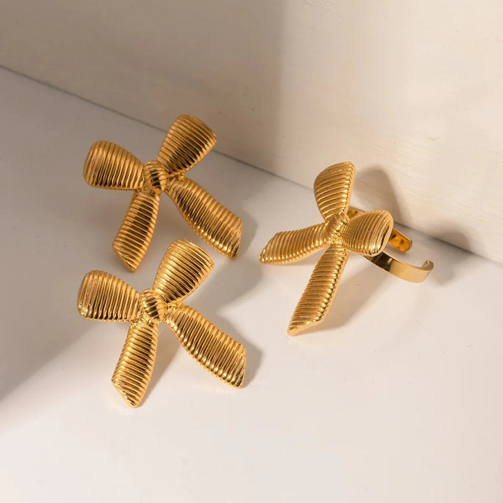 BowLift | Dainty Striped Bow Elegant Ring and Earrings