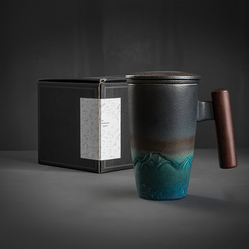BowLift | TeaCraft Ceramic Mug | Handmade | With Tea Infuser & Wooden Handle | Retro Design