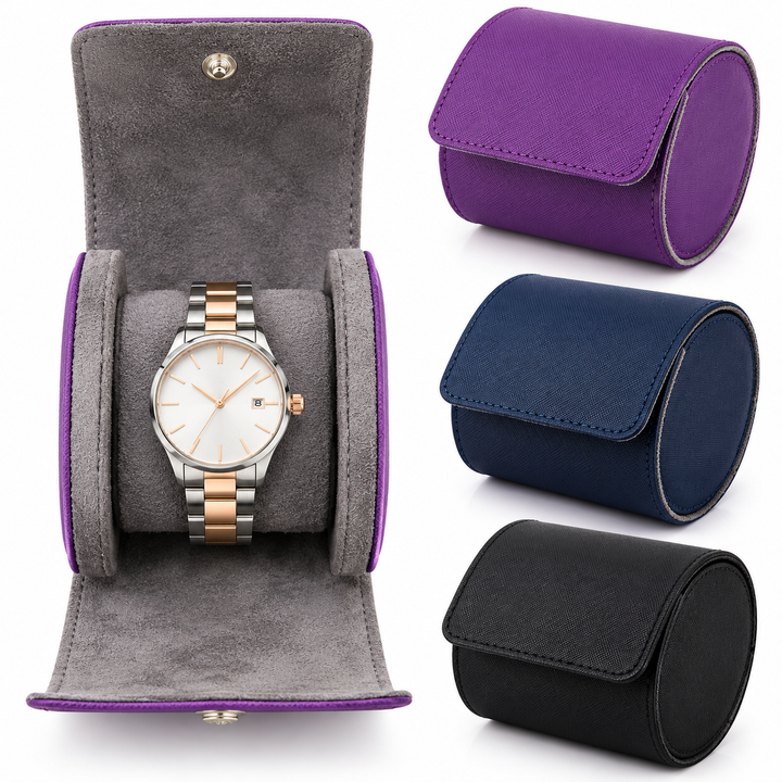 Compact Leatherette Travel Watch Roll with Suede Lining Bowlift