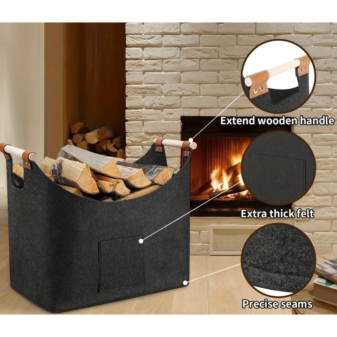 BowLift | Felt log basket FELDURA | Collapsible | 55L volume | With wooden handles & leather details | Dark gray