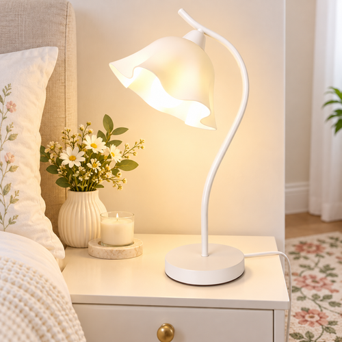 Ruffled Bell-Shade Bedside Table Lamp with Curved Stem Bowlift