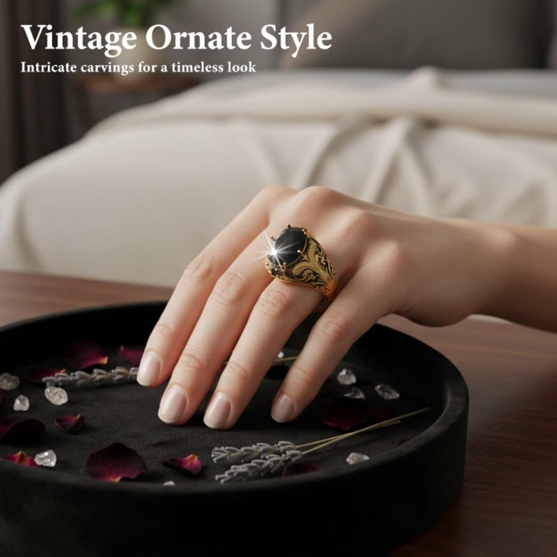 Engraved Mens Black Stone Ring Bowlift