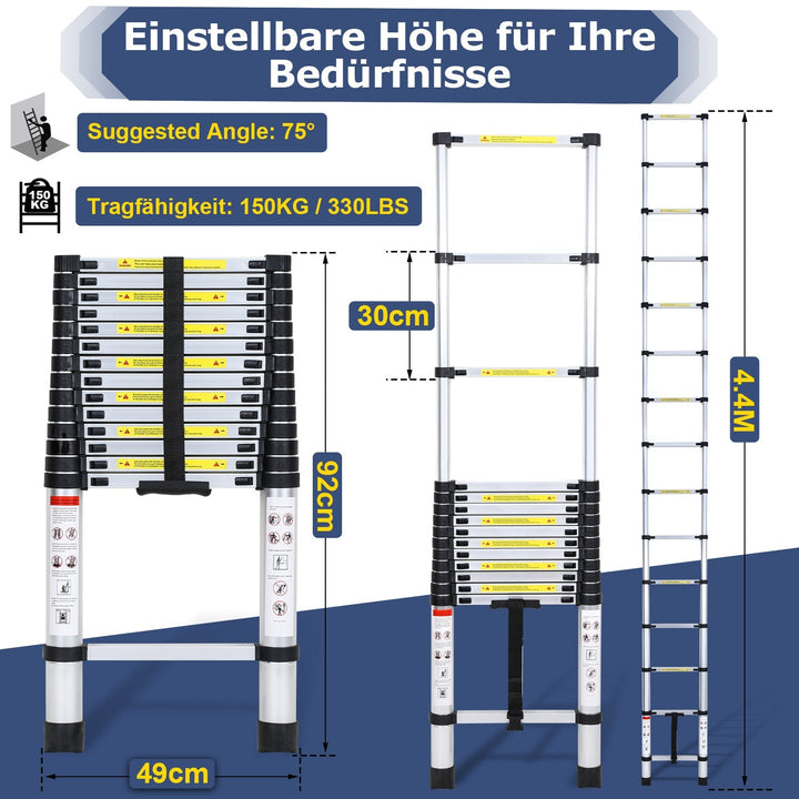 Telescopic Ladder Aluminum Load capacity up to 150kg 2.6m-5m | Bowlift