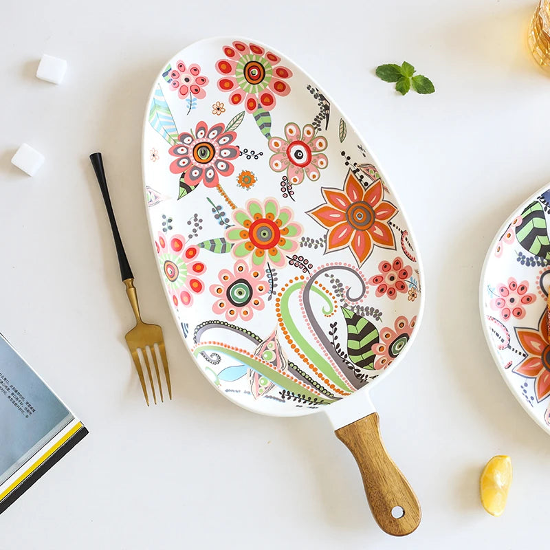 BowLift | Elegant Nordic Ceramic Dinner Plates with Wooden Handle