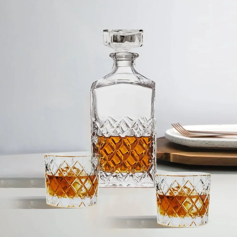 Diamond Cut Clear Glass Decanter and DOF Set Durable Dishwasher Safe | Bowlift